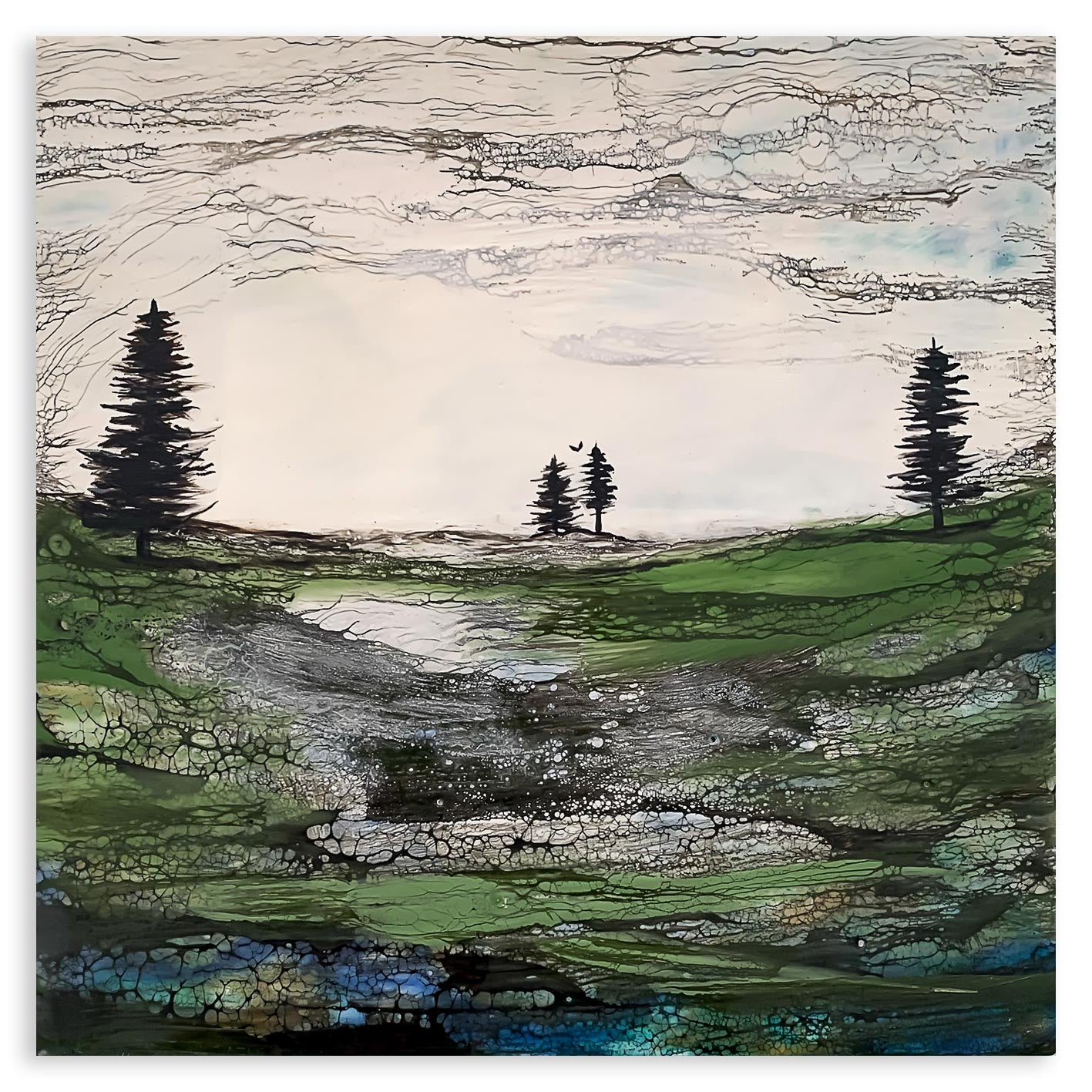 Abstraktes grünes Landschaftsbild mit Nadelbäumen und Mosslandschaft