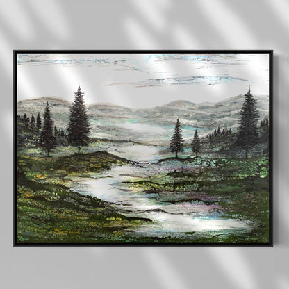Gerahmtes Enkaustikbild an der Wand zeigt eine grüne Landschaft mit einem Fluss und Bäumen