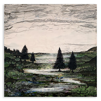 nkaustik Kunstwerk mit Darstellung einer grünen Landschaft mit einem Flüss und Nadelbäumen sowie weitem Himmel