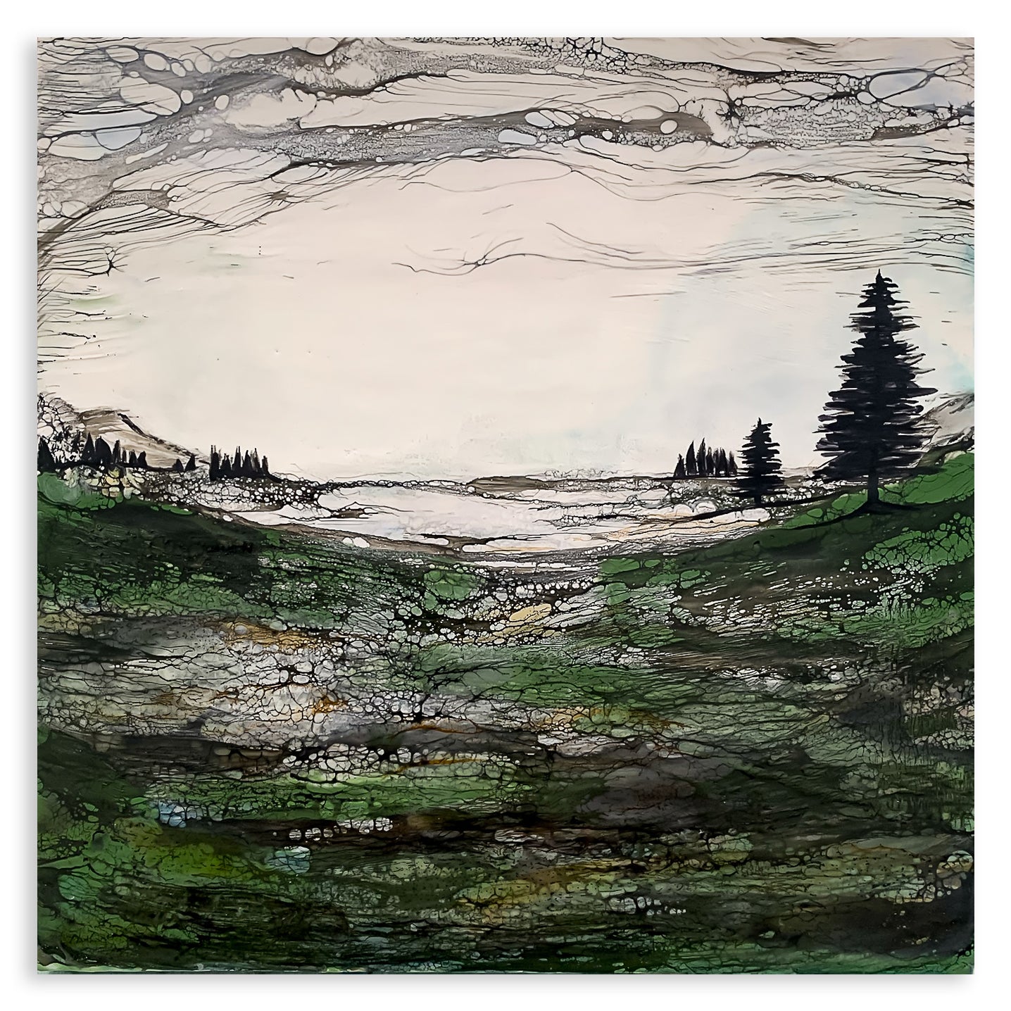 Enkaustik Landschaftsbild mit grüner Mooslandschaft und Nadelbäumen sowie Himmel