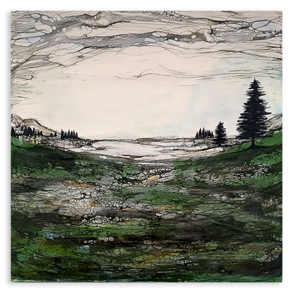 Enkaustik Landschaftsbild mit grüner Mooslandschaft und Nadelbäumen sowie Himmel