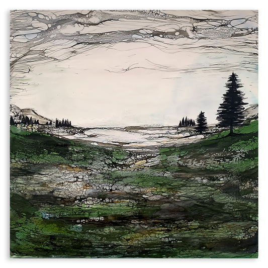 Enkaustik Landschaftsbild mit grüner Mooslandschaft und Nadelbäumen sowie Himmel